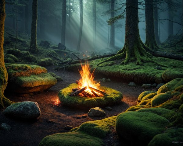Vibrant Campfire in a Misty Forest Setting
