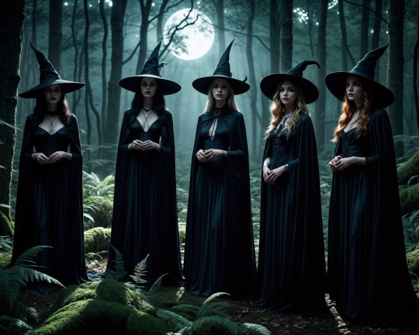 Witches in Cloaks Gather for Ritual in Moonlit Forest