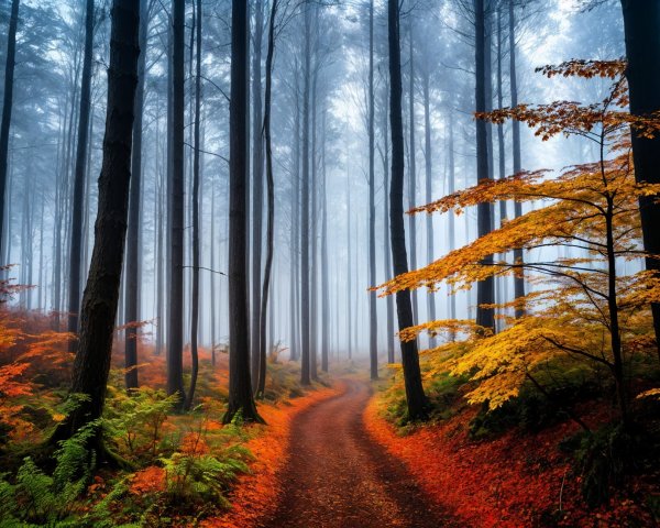 Serene forest scene with mist and autumn foliage