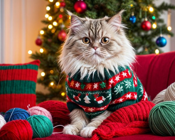 Fluffy cat in green sweater on cozy red couch