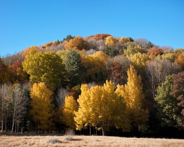 Autumn Colors on Hillside with Clear Blue Sky