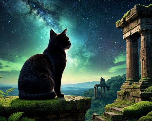 Black Cat on Mossy Stone Under Vibrant Milky Way