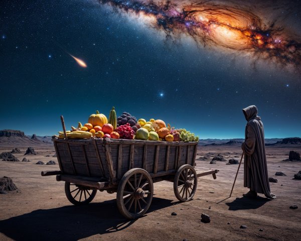 Surreal Landscape with Cloaked Figure and Vibrant Fruits