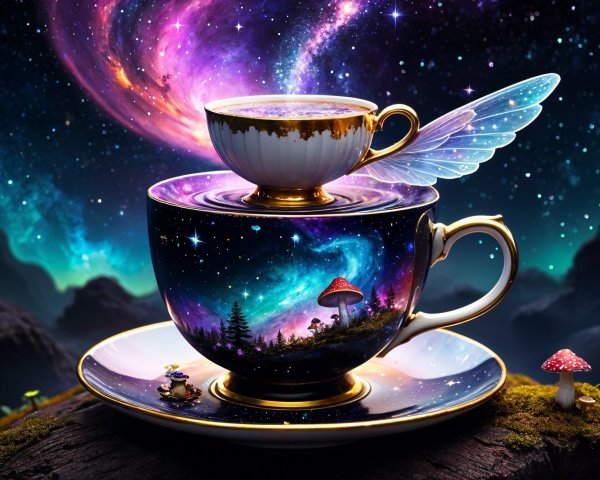 Ornate Teacups with Galaxy and Wings in Starry Scene