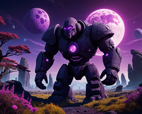 Colossal Robot in Vibrant Alien Landscape with Moons