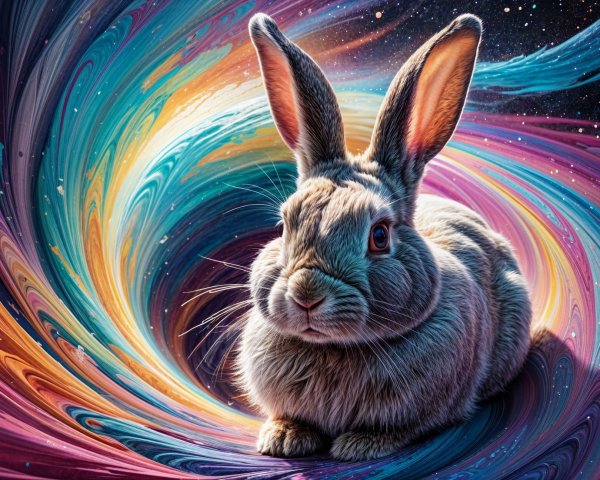 Fluffy Rabbit Against Vibrant Cosmic Background