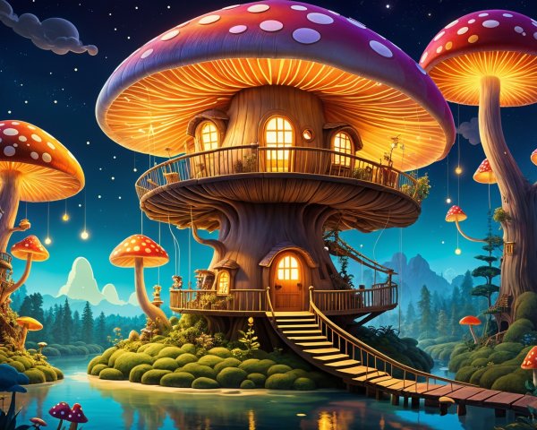 Whimsical Mushroom House Surrounded by Lush Nature