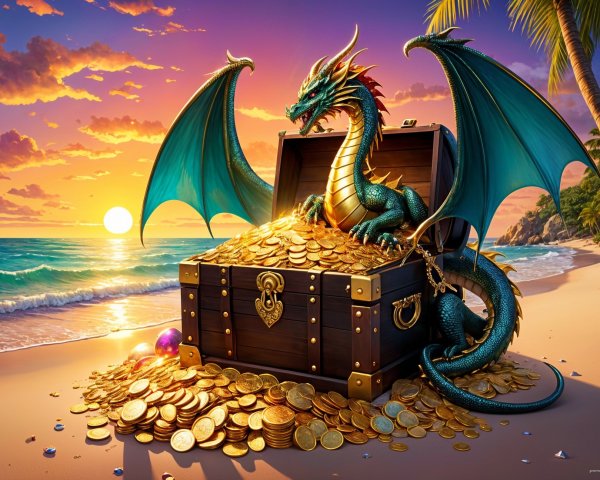 Dragon on Treasure Chest at Sunset Beach Scene