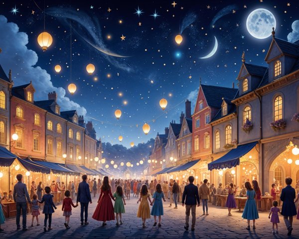 Evening Market Scene with Lanterns and Stars