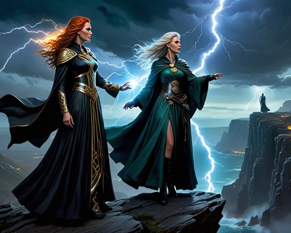 Sorceresses on Cliff with Stormy Sky and Lightning