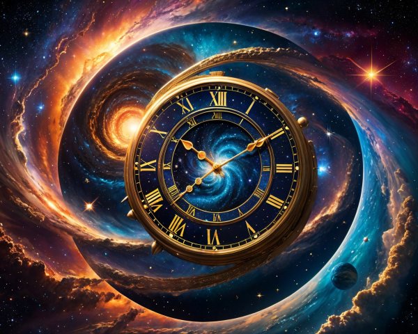 Golden Clock in Vibrant Cosmic Scene with Galaxies