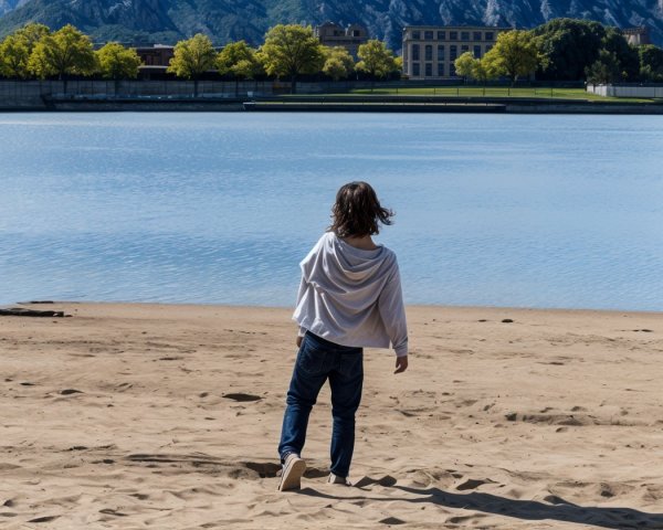 Person on Shore by Reflective Lake with Mountains