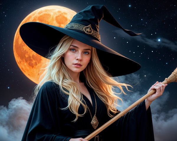 Mystical witch in black robe under a full moon