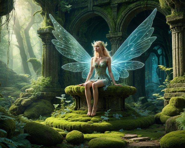 Fairy on Moss-Covered Stone in Enchanted Forest