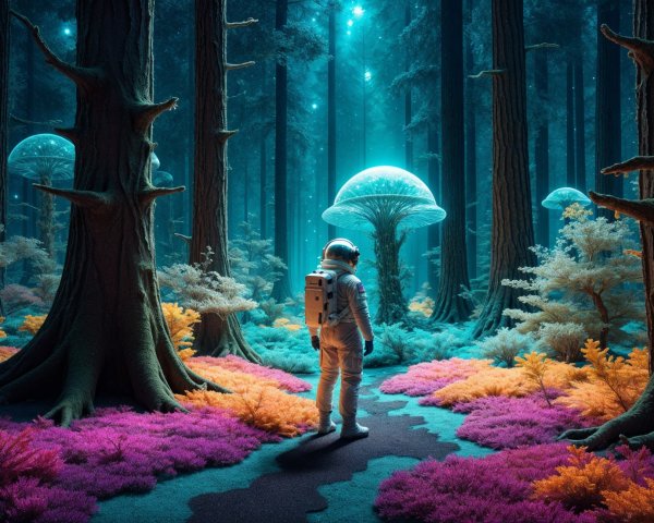 Bioluminescent Forest with Astronaut and Ethereal Fungi