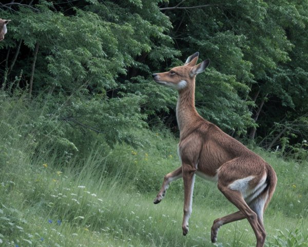 Deer Leaping in a Lush Green Meadow Scene