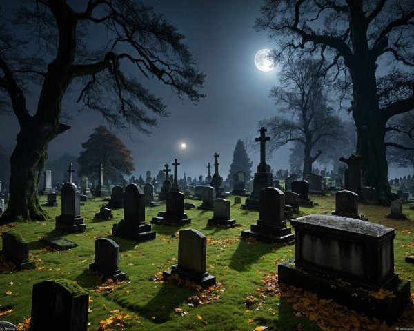 Moonlit cemetery with mist and gnarled trees