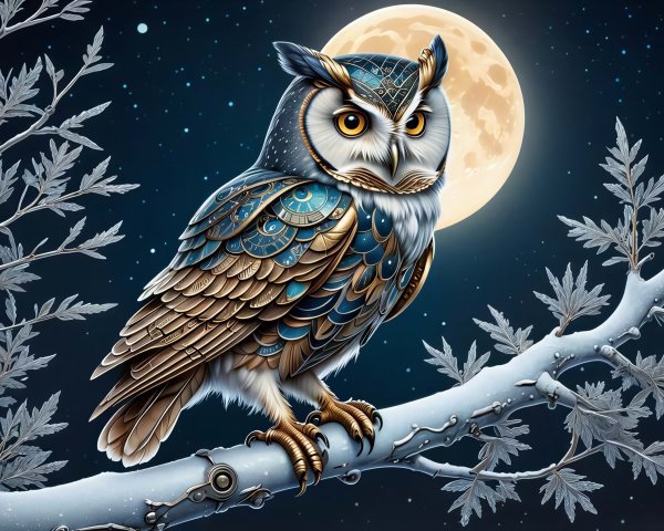 Majestic Owl Illustration Against Night Sky and Moon