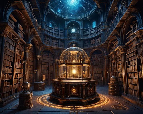Ancient Library with Towering Bookshelves and Glass Dome