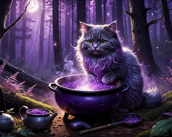 Mystical Forest Scene with Cat and Bubbling Cauldron