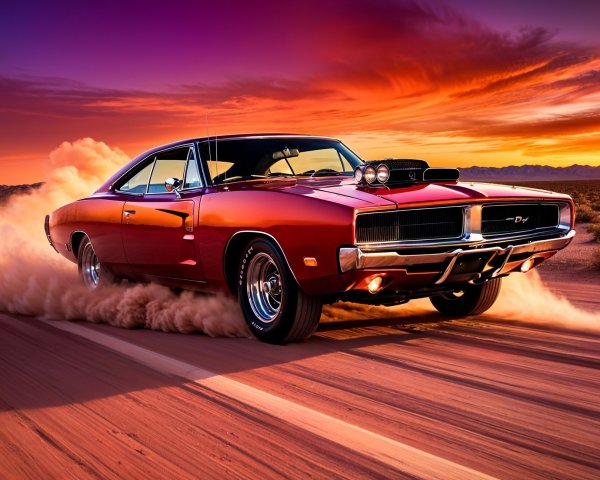 Red Muscle Car on Desert Road at Sunset