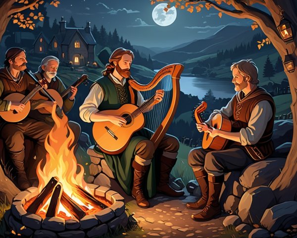 Nighttime Campfire Gathering of Musicians in Nature
