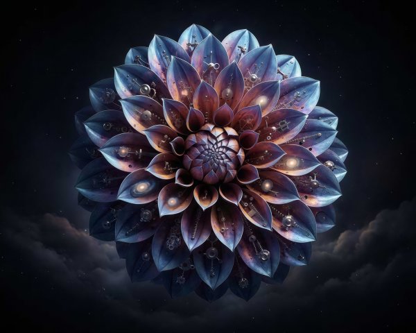 Cosmic Dahlia Flower with Galactic Petals and Mechanisms
