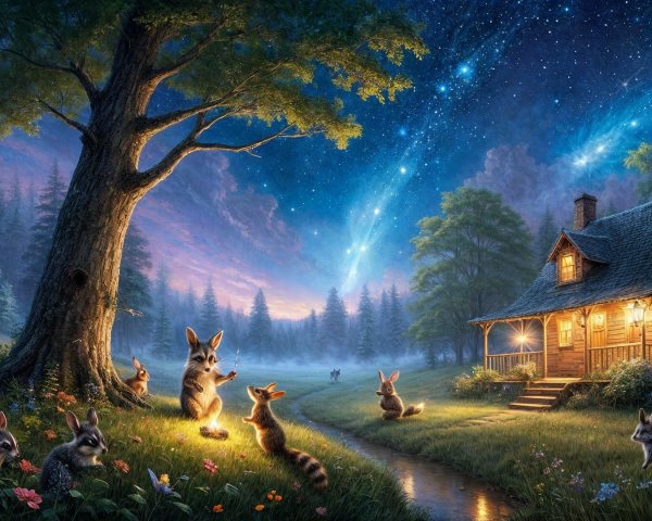 Twilight Scene with Cabin, Rabbits, and Nature