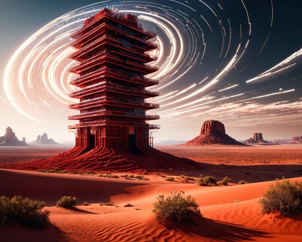 Towering Structure in Red Desert with Star Trails