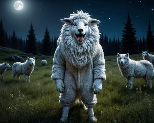 Anthropomorphic wolf in moonlit meadow with sheep