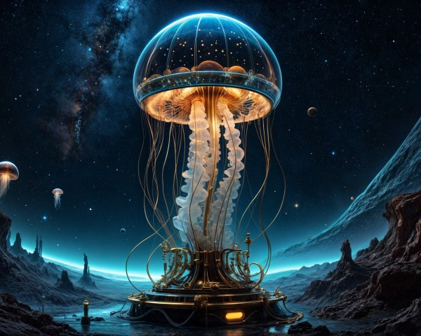 Luminescent Jellyfish in Cosmic Steampunk Landscape