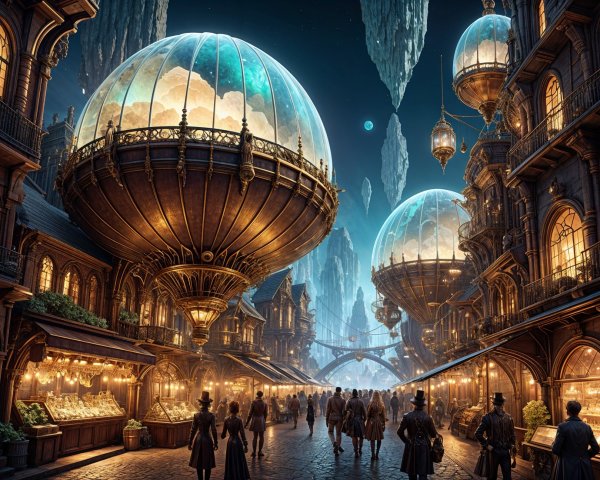 Steampunk Cityscape at Twilight with Airships and Lights