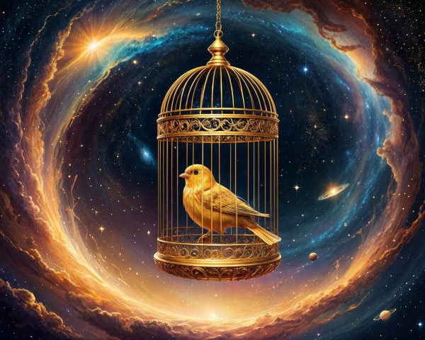 Golden Birdcage with Yellow Bird in Cosmic Setting
