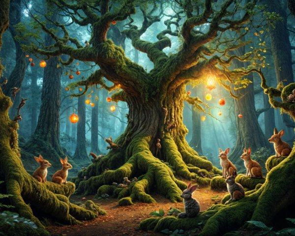 Ancient Tree with Lanterns in a Mystical Forest