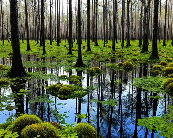 Serene Wetland Scene with Reflective Pool and Trees