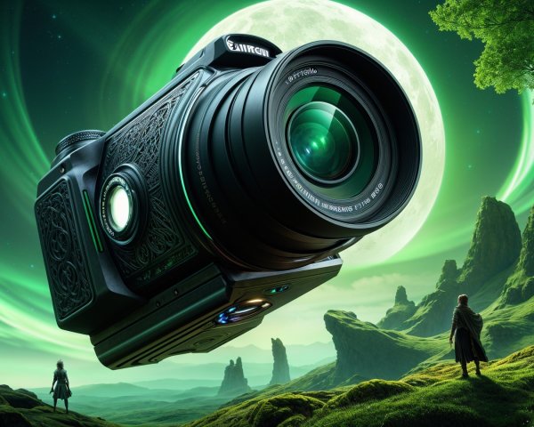 Surreal Landscape with Giant Camera and Moonlit Valley