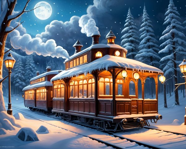Vintage train on snowy track with warm lights