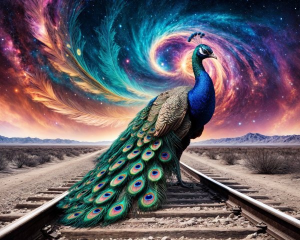 Peacock on Train Tracks with Cosmic Vortex Background
