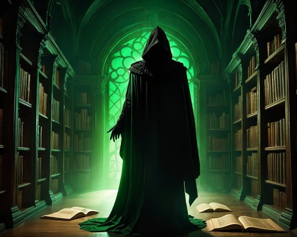 Mysterious Library with Ancient Books and Green Light