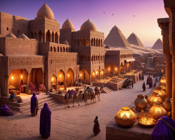 Ancient marketplace scene at sunset with pyramids