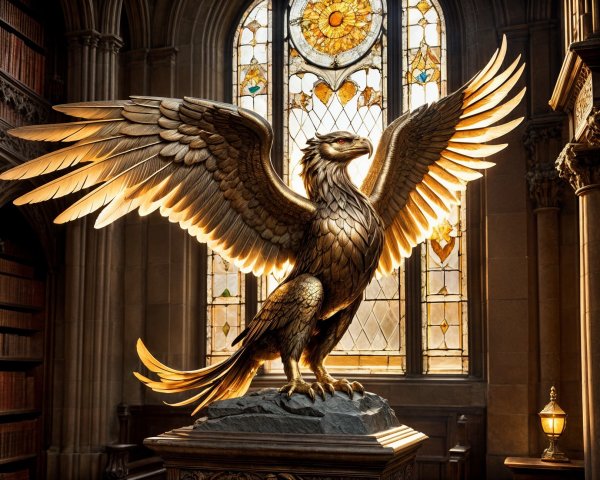 Golden Griffin Statue in Grand Library Setting