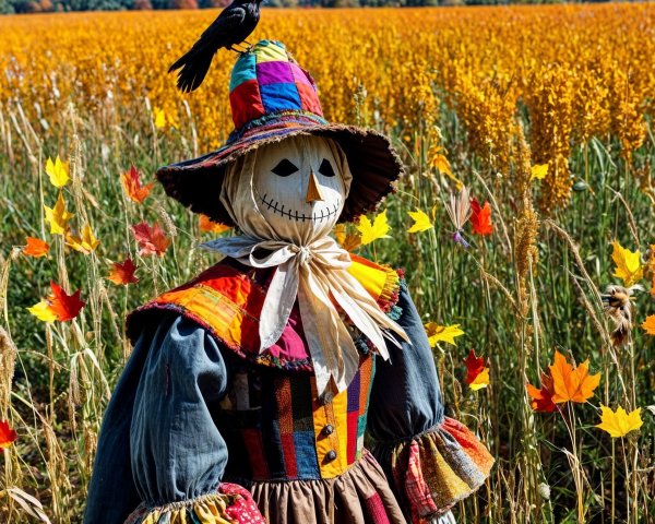 Vibrant Scarecrow in a Golden Autumn Field