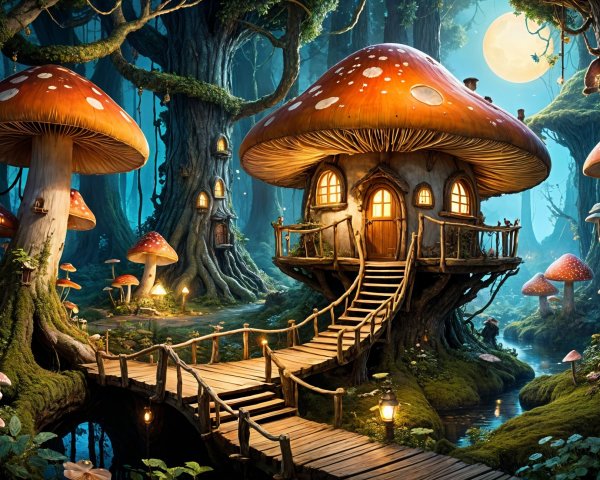 Whimsical forest scene with a mushroom-shaped house