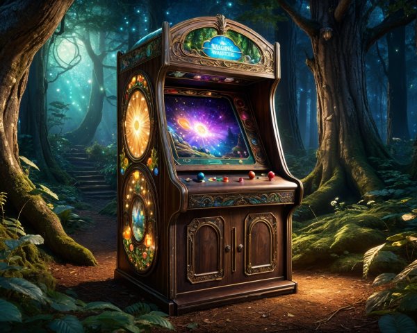 Arcade Machine in a Mystical Forest Setting