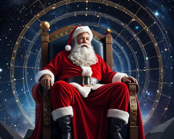 Santa Claus in Ornate Throne Against Starry Night Sky