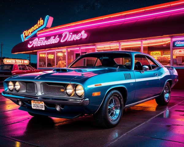 Classic Blue Muscle Car at Retro Diner with Neon Lights