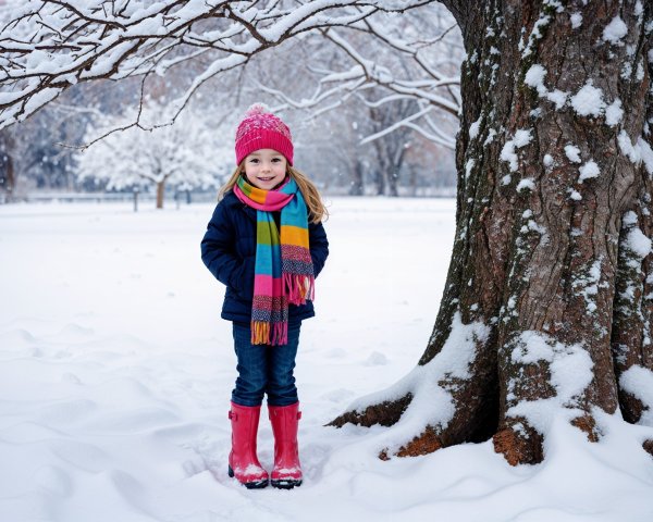 Cheerful girl in winter attire by snowy tree