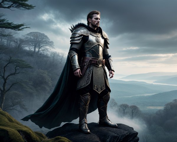 Heroic Figure in Ornate Armor Overlooking Landscape