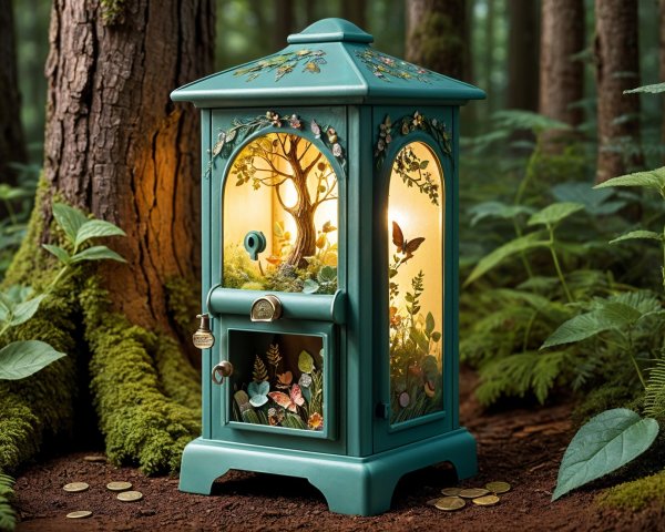 Whimsical Lantern in Lush Forest with Miniature Scene