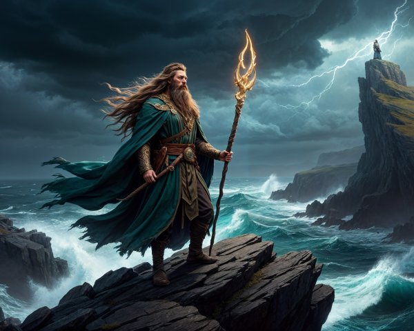 Mighty figure with trident on jagged cliffs and stormy seas